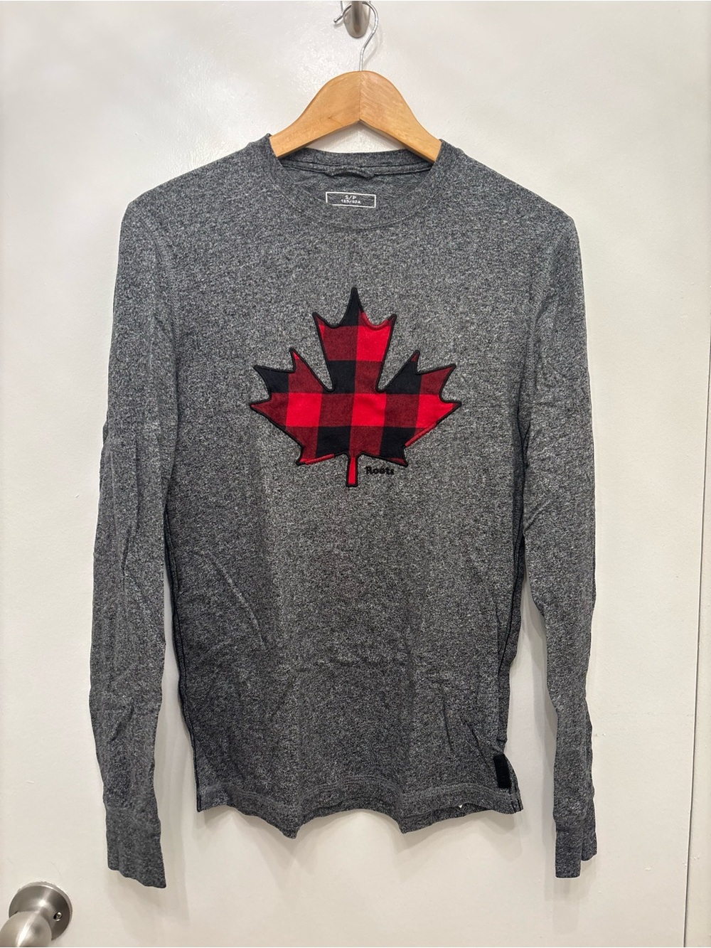 Roots Women's Gray Long-Sleeve Crewneck with Red Buffalo Plaid Maple Leaf